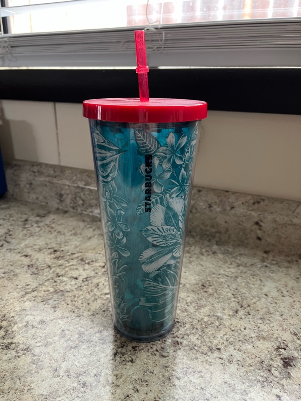 Starbucks Teal Floral Tumbler with Red Lid and Straw